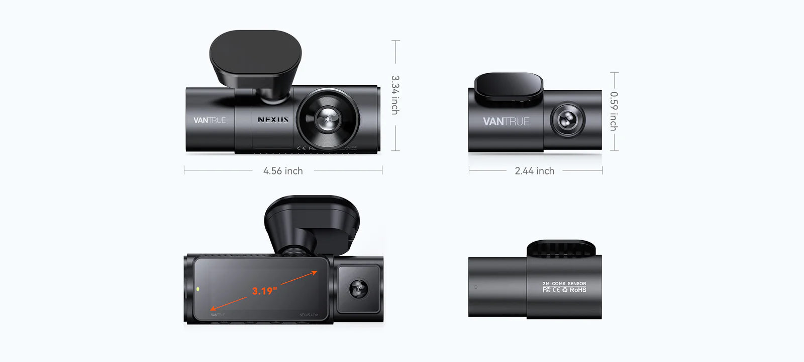 Channel 4K WiFi Dash Cam Dimensions